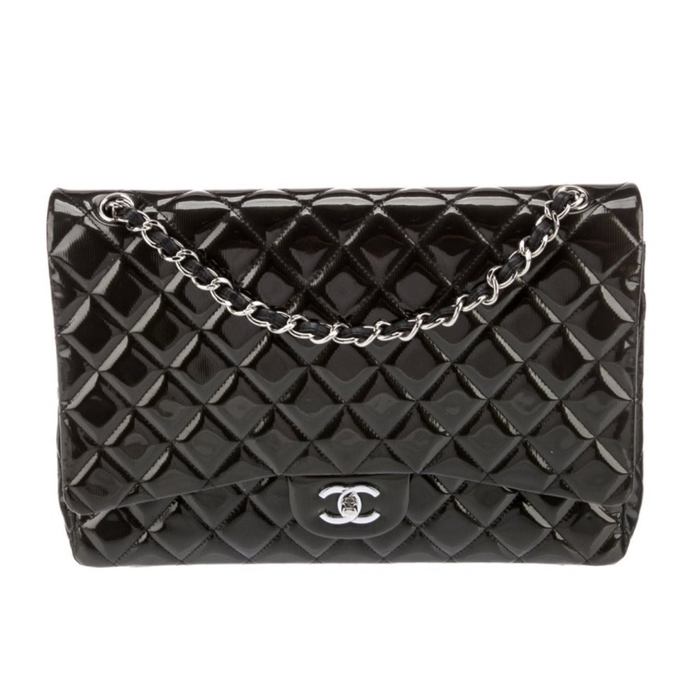 Authentic Vintage Chanel Classic Maxi Bag - Black Quilted Patent Leather